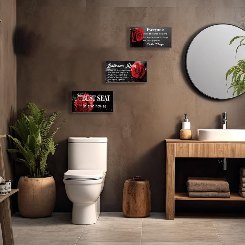 DONFENTHY 3 Pcs Red Bathroom Rules Decor Rustic Farmhouse Wooden Best Seat in The House Rose Hanging Wall Art Toilet Bathroom Accessories(Red 10x5") - Image 2