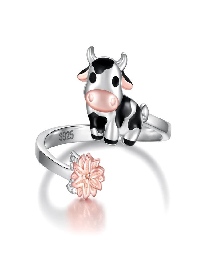 Apotie Sterling Silver Cow Adjustable Ring - CZ Cute Farm Animal Jewelry Gifts for Women - Image 1