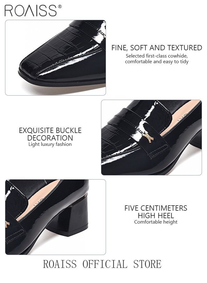 roaiss Fashion Office Ladies Shoes for Women PU Leather Pumps Shoes British Style Square Toe Leather Shoes Mid Heel Chunky Heel Women's Formal Shoes Black - Image 3