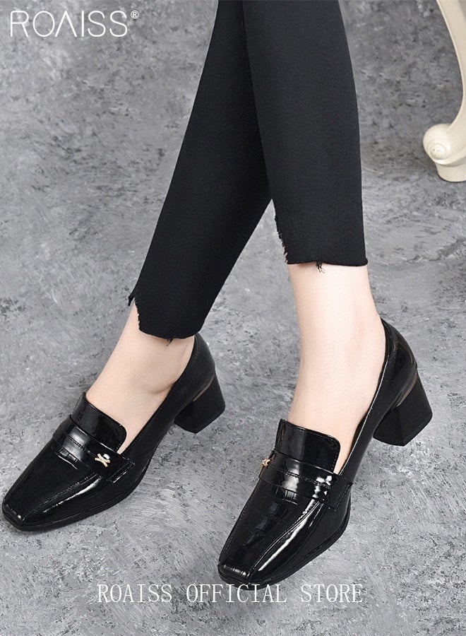 roaiss Fashion Office Ladies Shoes for Women PU Leather Pumps Shoes British Style Square Toe Leather Shoes Mid Heel Chunky Heel Women's Formal Shoes Black - Image 1