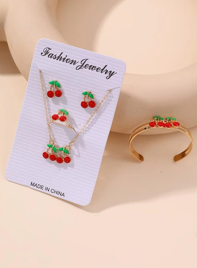 Take Two Take Two 4pcs Girl's Cherry Decor Necklace Bracelet Earrings And Ring Set