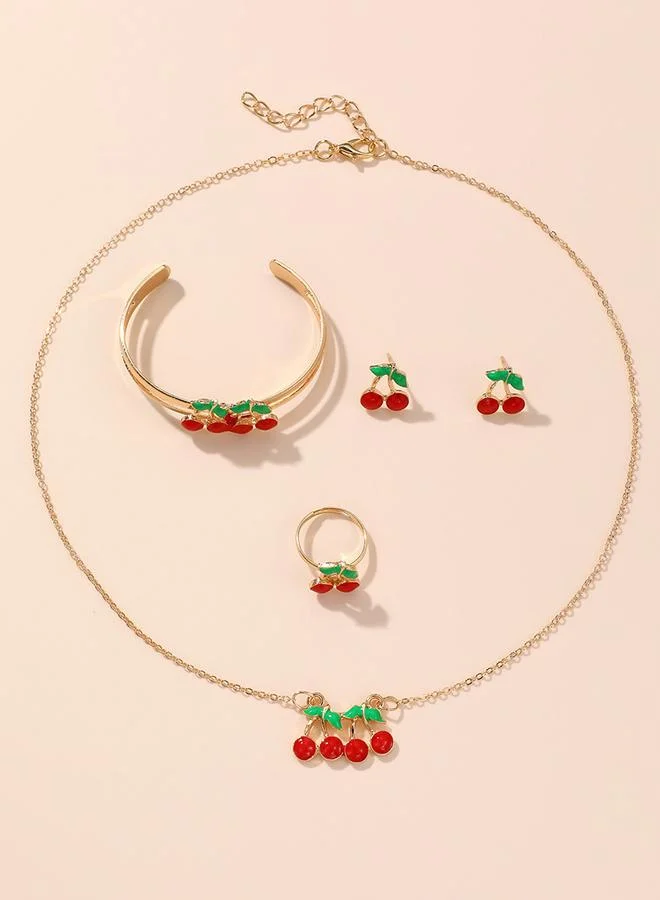 Take Two Take Two 4pcs Girl's Cherry Decor Necklace Bracelet Earrings And Ring Set