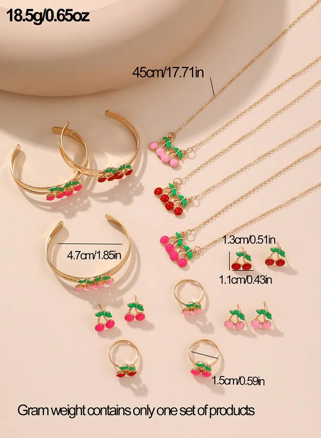 Take Two Take Two 4pcs Girl's Cherry Decor Necklace Bracelet Earrings And Ring Set