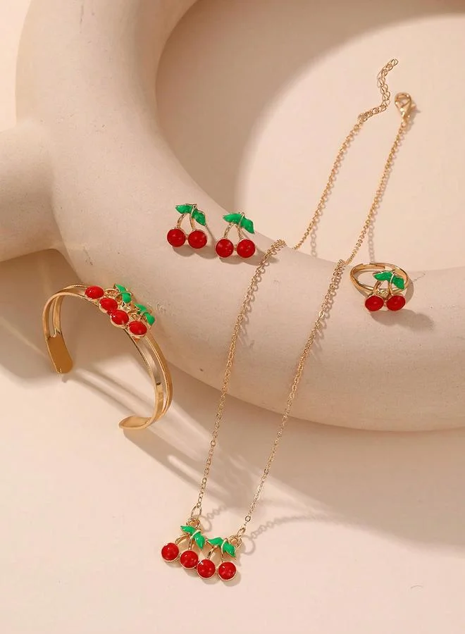 Take Two Take Two 4pcs Girl's Cherry Decor Necklace Bracelet Earrings And Ring Set