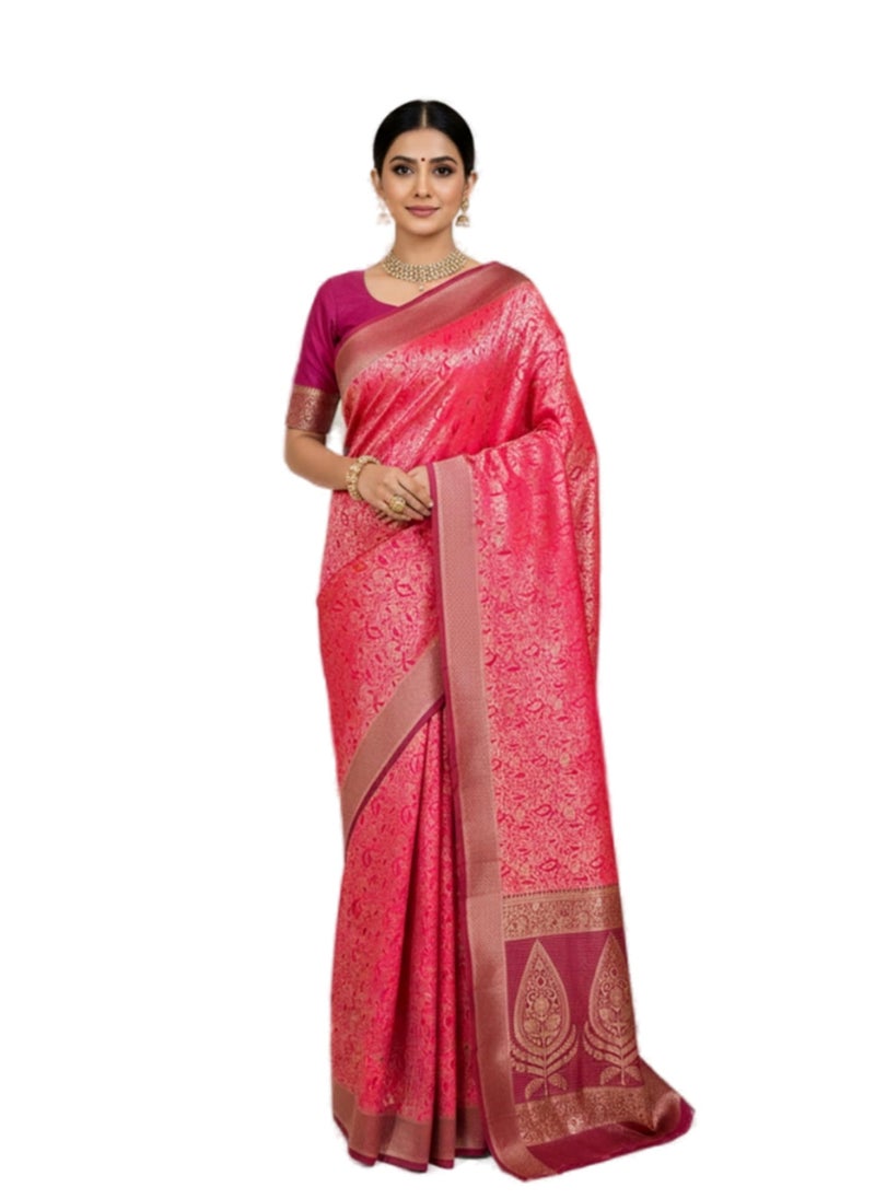 Glory Sarees Women’s Pure Soft Silk Kanjivaram Saree Banarasi Style With Blouse Piece (STARLOOK105_Pink) - Image 1