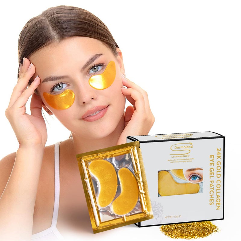 Dermoland  Under Eye Gel Pads Collagen Eye Patches for Puffy Eyes Dark Circles and Wrinkles 24K Gold Eye Mask with Hyaluronic Acid Vegan CrueltyFree Hydrating Eye Pad15 Pairs