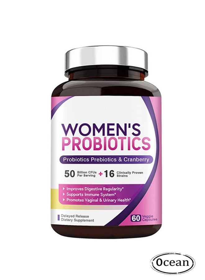 Ocean Women's Probiotic, Probiotics Prebiotics & Cranberry, 50 Billion CFU + 16 Strains, with Prebiotics Cranberry, Digestive Health and Immune System Health, No Soy Gluten Dairy, 60 Veggie Capsules - Image 1