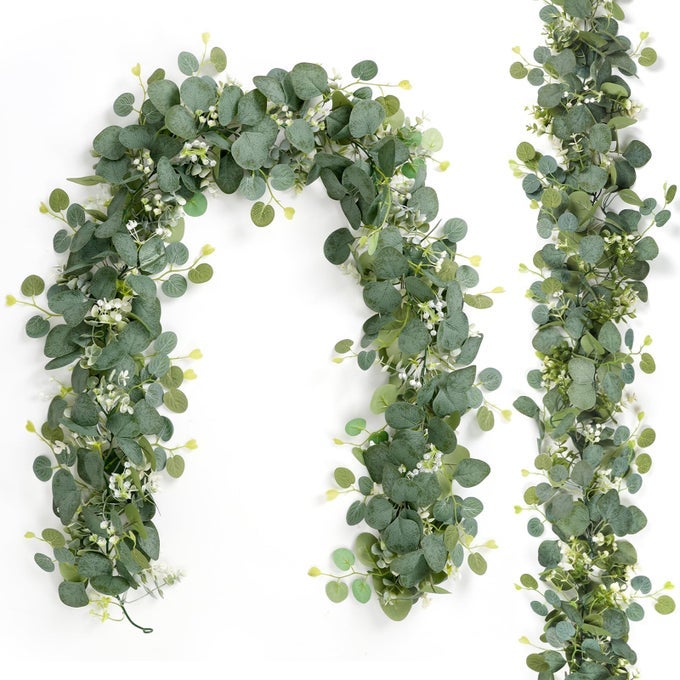 2 PCS ARTIFICIAL EUCALYPTUS GARLAND 59FT FAUX SILVER DOLLAR GREENERY GARLAND VINES WITH WHITE FLOWER BOXWOOD FAKE HANGING PLANTS FOR WEDDING HOME PARTY TABLE MANTLE WALL DECOR