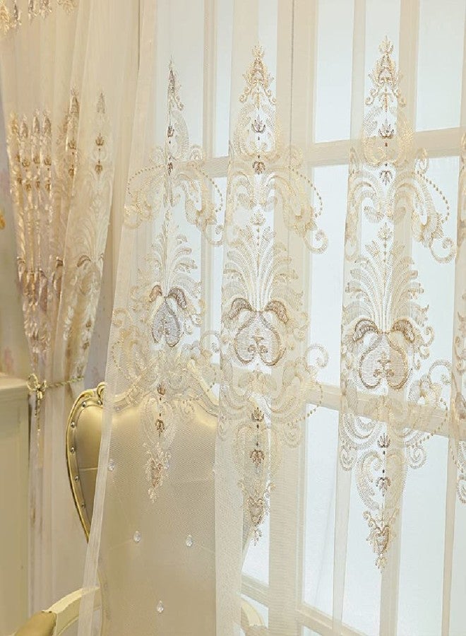 Amidoudou 1 Pair European Embroidered Tulle Curtains for Living Room Bedroom Luxury Translucent Curtain (Beige,51x95 Inch) - Image 5