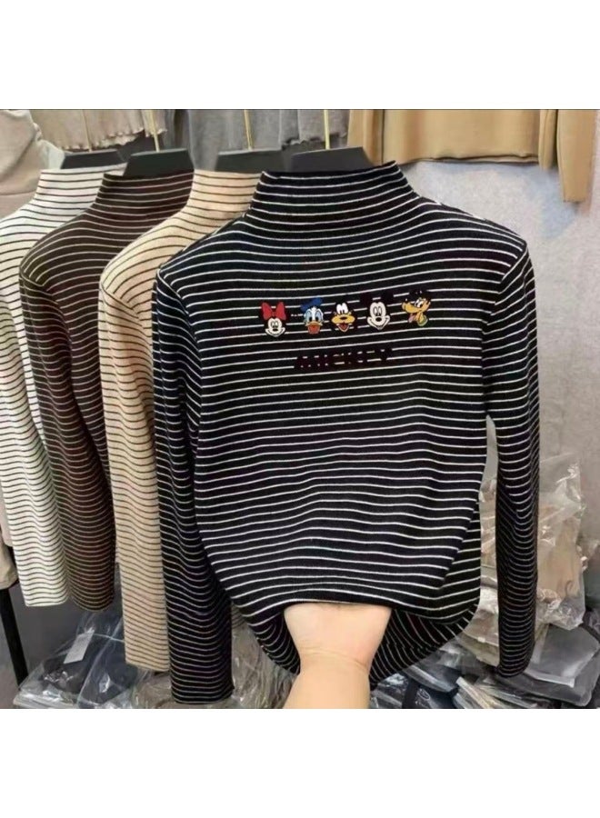 Boys And Girls' Thermal Base Layer Shirts, Spring And Autumn, Big Kids' Half-high Collar Long-sleeve T-shirts, Stylish Striped Warm Tops