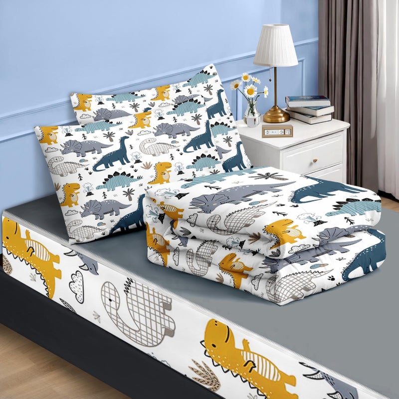 Nesker Zipper Bedding Twin Cute Dinosaur Zip Up Bedding Set for Boys and Kids, Blue Grey Yellow Dino 3 Pcs Comforter Bed in a Bag with Fitted Sheet and 2 Pcs Pillowcases - Image 2