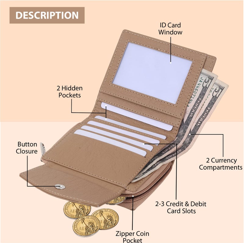 SAMTROH Women's PU Leather Zipper Coin Pocket Wallet | 3 Card Slots, 1 ID Slot, 2 Currency Compartments, Secret Pocket & Zipper Coin Holder | Compact Stylish Wallet for Women and Girls (Beige) - Image 2