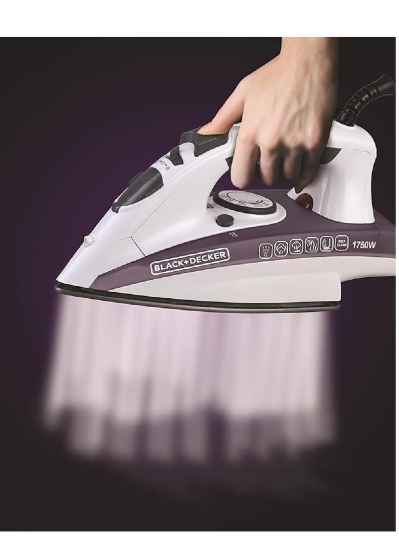 BLACK+DECKER Steam Iron - Ceramic Coated Soleplate With Anti Calc Drip Self Clean And Auto Shutoff - Removes Stubborn Creases Quickly Easily 250 ml 1750 W X1750 White/Purple - Image 2