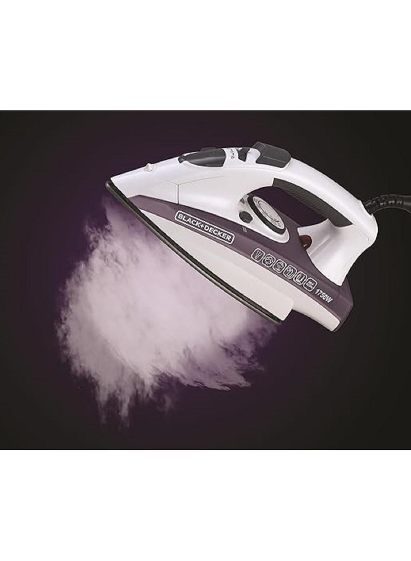BLACK+DECKER Steam Iron - Ceramic Coated Soleplate With Anti Calc Drip Self Clean And Auto Shutoff - Removes Stubborn Creases Quickly Easily 250 ml 1750 W X1750 White/Purple - Image 3
