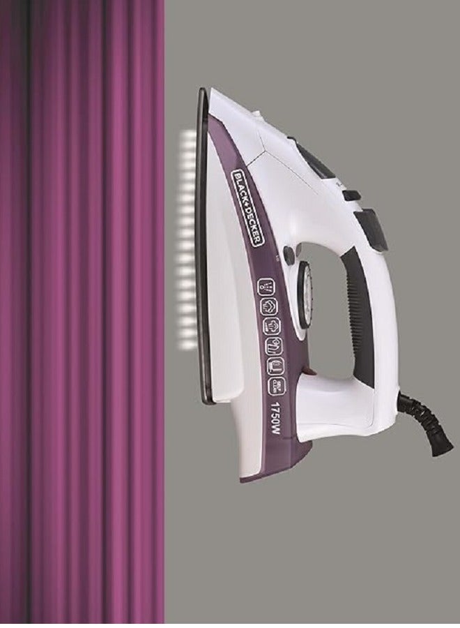 BLACK+DECKER Steam Iron - Ceramic Coated Soleplate With Anti Calc Drip Self Clean And Auto Shutoff - Removes Stubborn Creases Quickly Easily 250 ml 1750 W X1750 White/Purple - Image 4