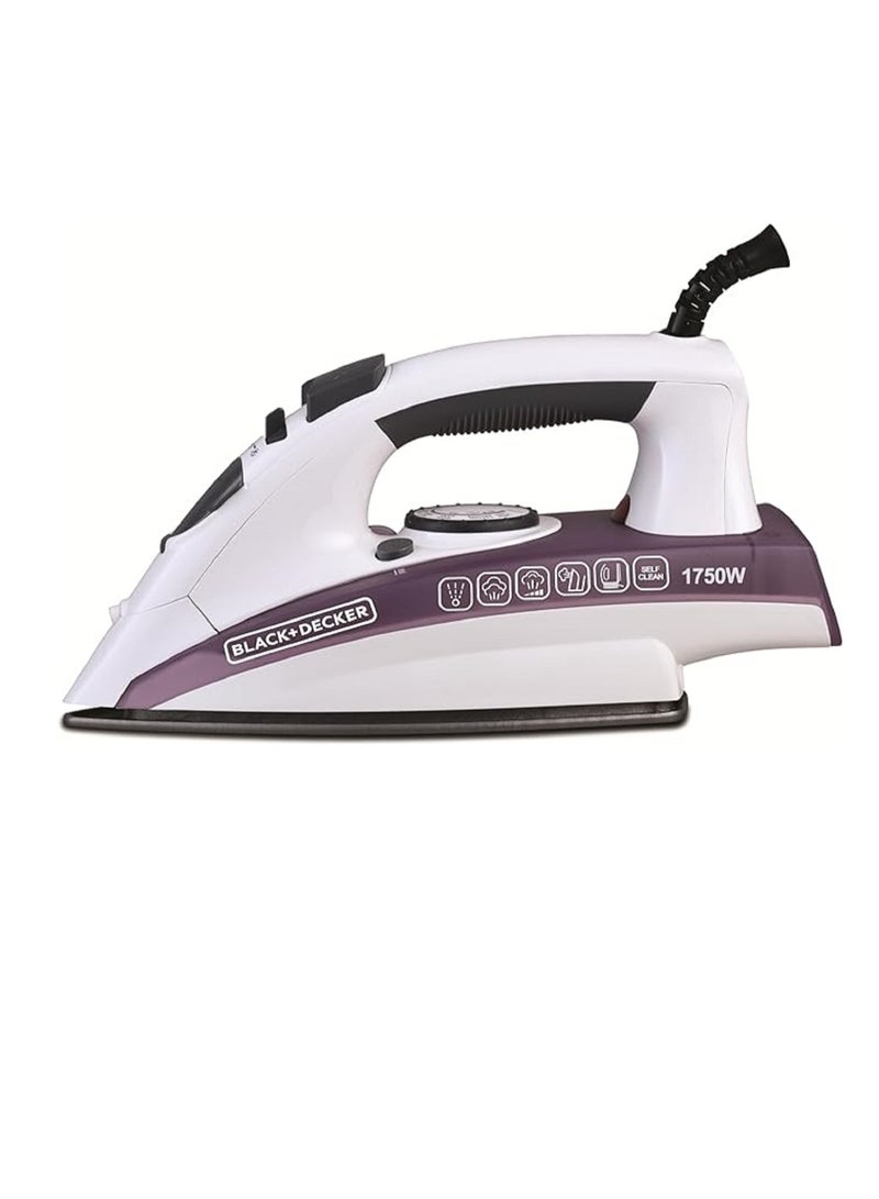BLACK+DECKER Steam Iron - Ceramic Coated Soleplate With Anti Calc Drip Self Clean And Auto Shutoff - Removes Stubborn Creases Quickly Easily 250 ml 1750 W X1750 White/Purple - Image 1
