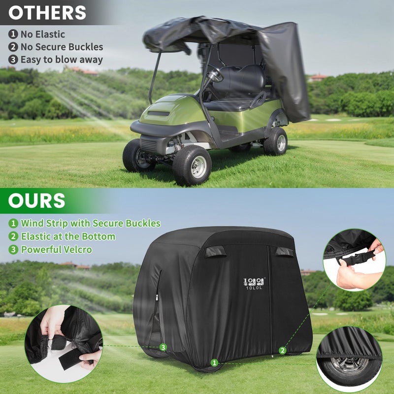 10L0L 2/4/4+2 Passenger Golf Cart Cover Fits for Yamaha EZGO Club Car, 420D Waterproof Durable Polyester Golf Cart Cover with Three Zipper Doors Windproof Sunproof - Black - Image 3
