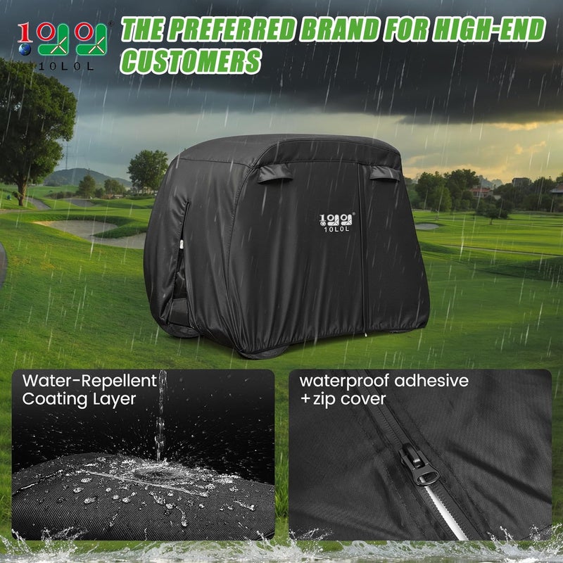 10L0L 2/4/4+2 Passenger Golf Cart Cover Fits for Yamaha EZGO Club Car, 420D Waterproof Durable Polyester Golf Cart Cover with Three Zipper Doors Windproof Sunproof - Black - Image 2