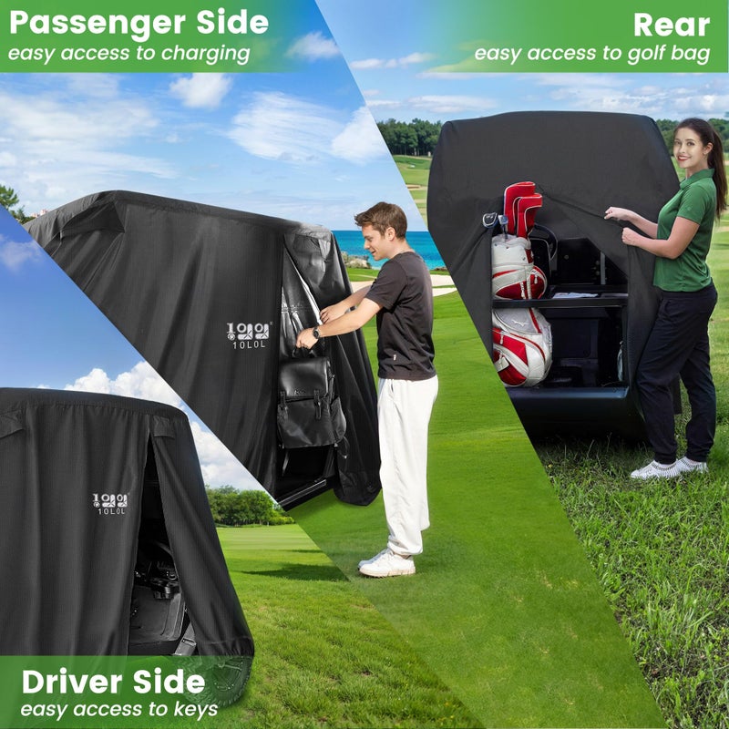 10L0L 2/4/4+2 Passenger Golf Cart Cover Fits for Yamaha EZGO Club Car, 420D Waterproof Durable Polyester Golf Cart Cover with Three Zipper Doors Windproof Sunproof - Black - Image 4