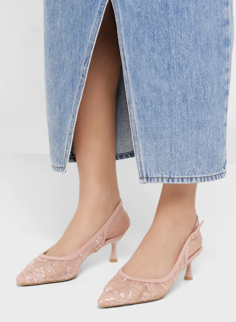 Ella LT PINK Floral Lace Embroidered Sling Back Pump for Women | Best Price UAE