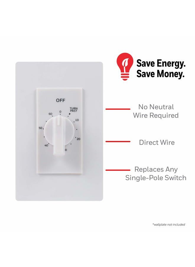 UltraPro 60-Minute In-Wall Spring Wound Countdown Timer Switch, Mechanical Timer for Lights, Bathroom & Exhaust Fans, No Neutral Wire Required, White, 41081 - Image 3