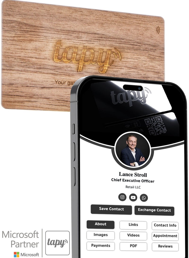 Tapy NFC Digital Business Card Premium walnut wood Smart Card Instant Networking Contactless Technology iOS and Android Compatible Powered by Microsoft - Image 1