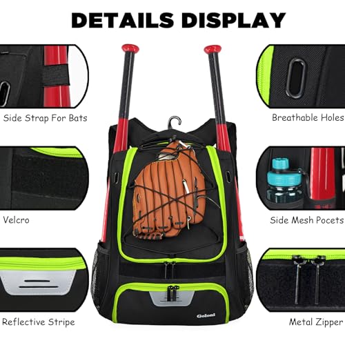 Goloni | Baseball Backpack Bag For Adult and Youth Baseball & Softball Equipment Bags Bat bag | shoes compartment & Fence Hook - Image 2