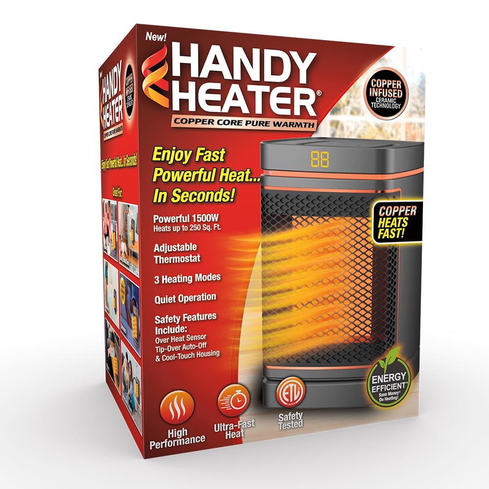 Ontel Handy Heater Copper Core Pure Warmth Ceramic Space Heater 1500 W Adjustable Thermostat Portable Heater for the Bedroom Office Garage More Quiet Small Space Heater