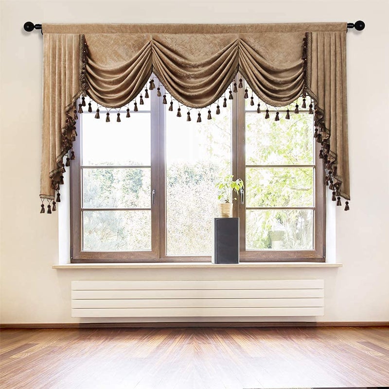 ELKCA Thick Chenille Window Curtains Valance for Living Room Luxury Waterfall Valance Curtain for BedroomRod PocketCoffee W98 Inch 1 Panel