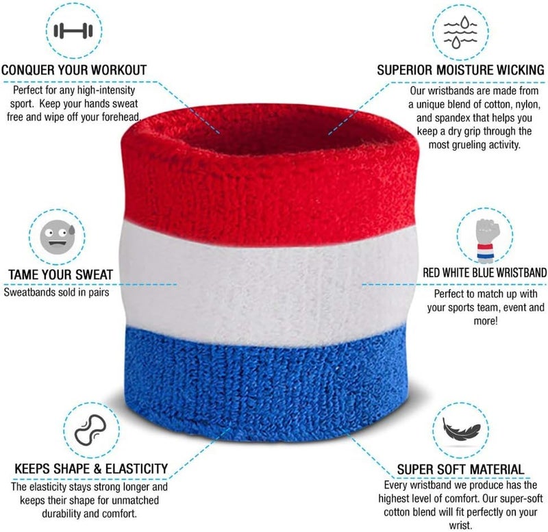 Suddora Striped Wristbands, Wrist Sweatbands for Men & Women, Moisture-Wicking Thick Cotton Bands for Working Out, Gymnastics, Basketball, Tennis, Football, 4-inch, Pair - Image 2