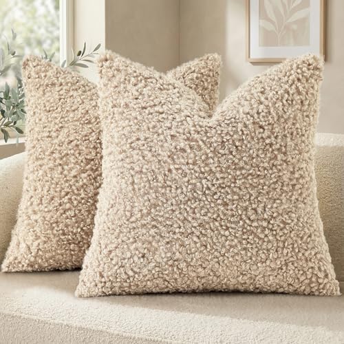 decorUhome Pack of 2 Throw Pillow Covers 20x20 Inch Faux Fur Decorative Sherpa Pillow Covers Fuzzy Accent Soft Sheepskin Fleece Pillow Cases for Couch Living Room Bed Neutral Oatmeal - Image 1