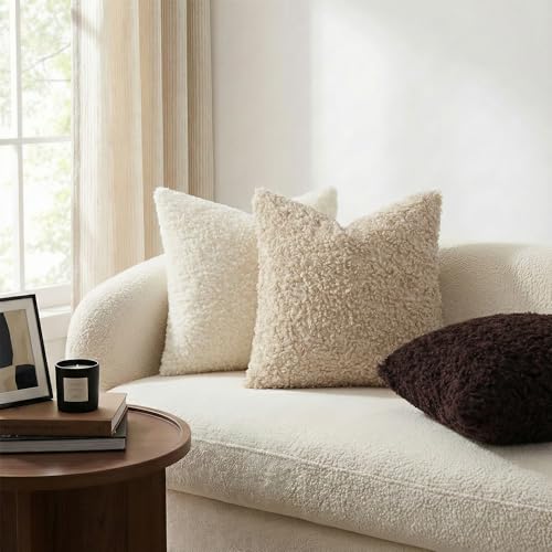 decorUhome Pack of 2 Throw Pillow Covers 20x20 Inch Faux Fur Decorative Sherpa Pillow Covers Fuzzy Accent Soft Sheepskin Fleece Pillow Cases for Couch Living Room Bed Neutral Oatmeal - Image 3