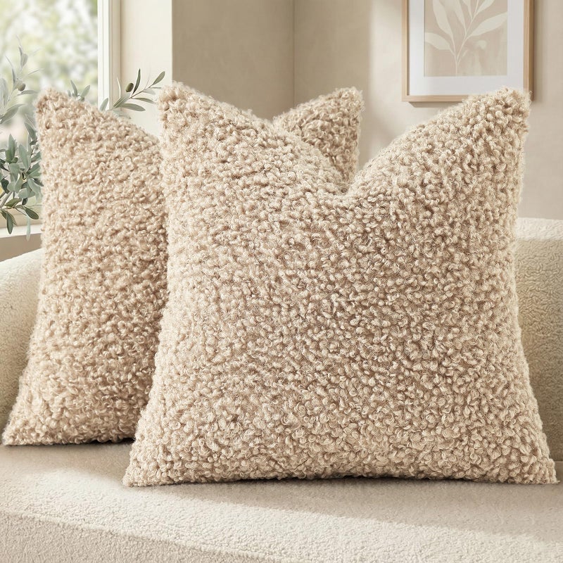 decorUhome Pack of 2 Throw Pillow Covers 20x20 Inch Faux Fur Decorative Sherpa Pillow Covers Fuzzy Accent Soft Sheepskin Fleece Pillow Cases for Couch Living Room Bed Neutral Oatmeal - Image 2
