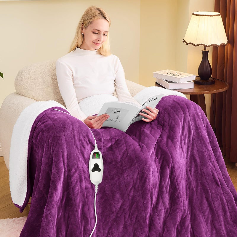greenoak Heated Blanket Electric Twin 62"X84", Heating Blanket with 10 Heat Levels 1/2/4/6/8 Hours Auto-Off, Soft Flannel Sherpa Warm Heater Christmas Blanket,Taro Purple - Image 1