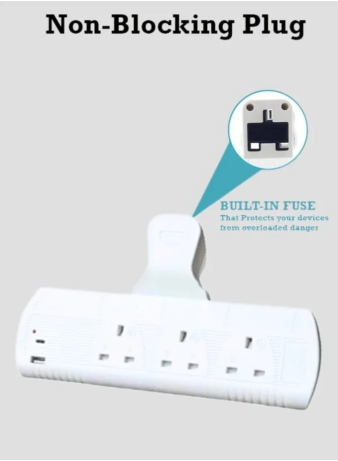 فيشة كهرباء 3 مخارج و2 منفذ USB بفيـوز حماية داخلي، تصميم جداري غير حاجب للمقابس، حماية من القصر الكهربائي والحمل الزائد، مثالية للأجهزة المنزلية  - Image 2