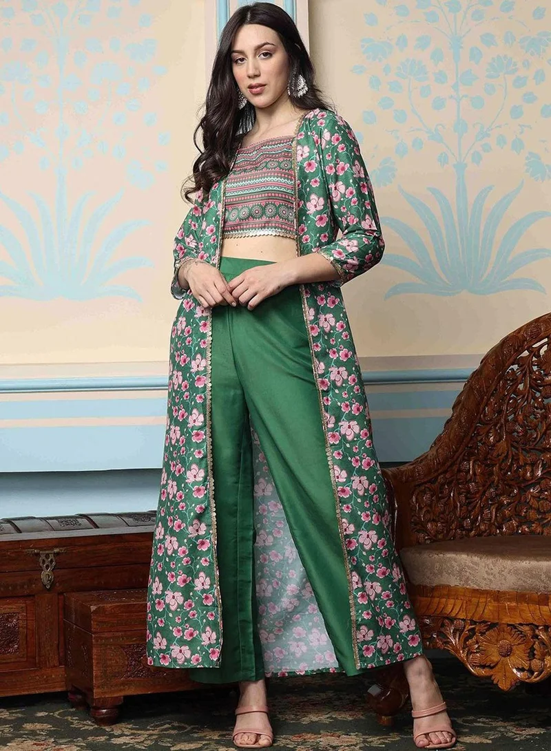 آي شين Regular Fit Three-Quarter Sleeve Printed Dark Green Polyester Woven Kurta Set For Women Flat Collar Perfect For Wedding And Engagement Pull On Closure