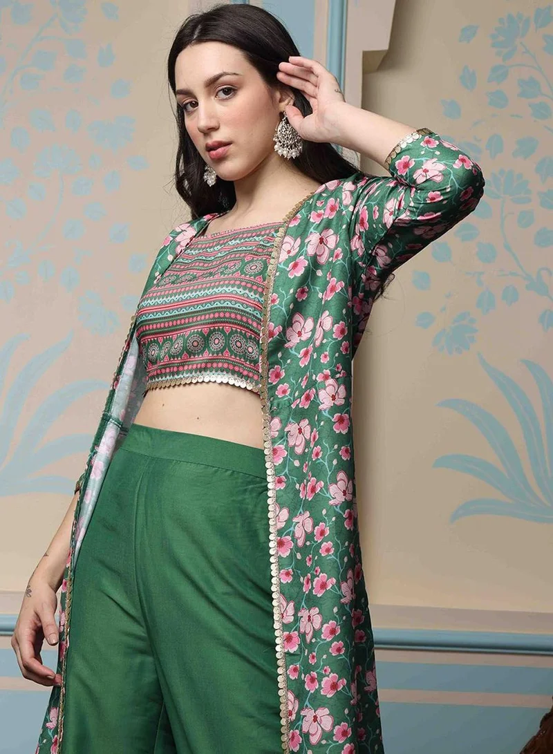 ISHIN  Regular Fit Three-Quarter Sleeve Printed Dark Green Polyester Woven Kurta Set For Women Flat Collar Perfect For Wedding And Engagement Pull On Closure for Women | Best Price UAE