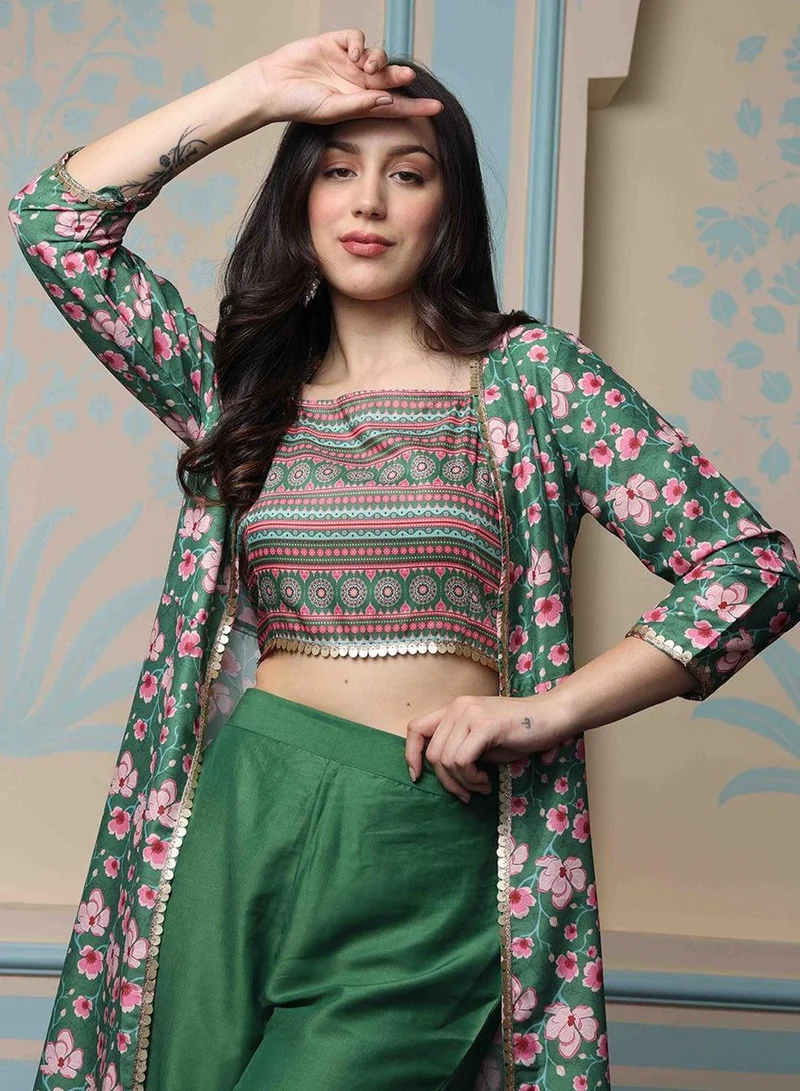آي شين Regular Fit Three-Quarter Sleeve Printed Dark Green Polyester Woven Kurta Set For Women Flat Collar Perfect For Wedding And Engagement Pull On Closure