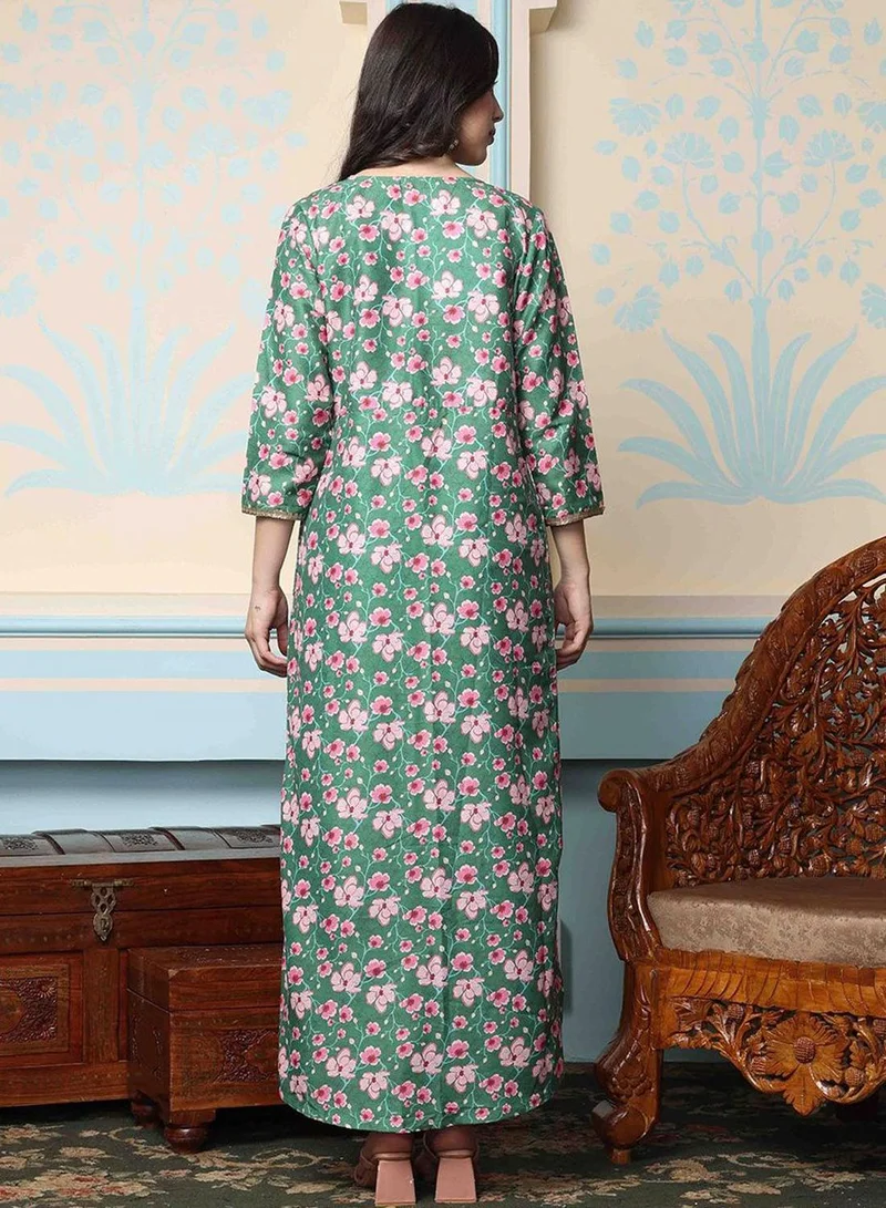 ISHIN  Regular Fit Three-Quarter Sleeve Printed Dark Green Polyester Woven Kurta Set For Women Flat Collar Perfect For Wedding And Engagement Pull On Closure for Women | Best Price UAE