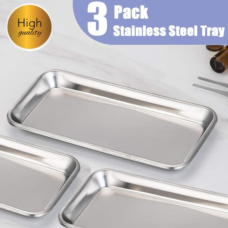 LabAider 3 Pack Professional Medical Surgical Stainless Steel Dental Procedure Tray Thickening Lab Instrument Tools Trays -Flat Type (8.6" * 4.3" * 0.8", 3) - Image 2