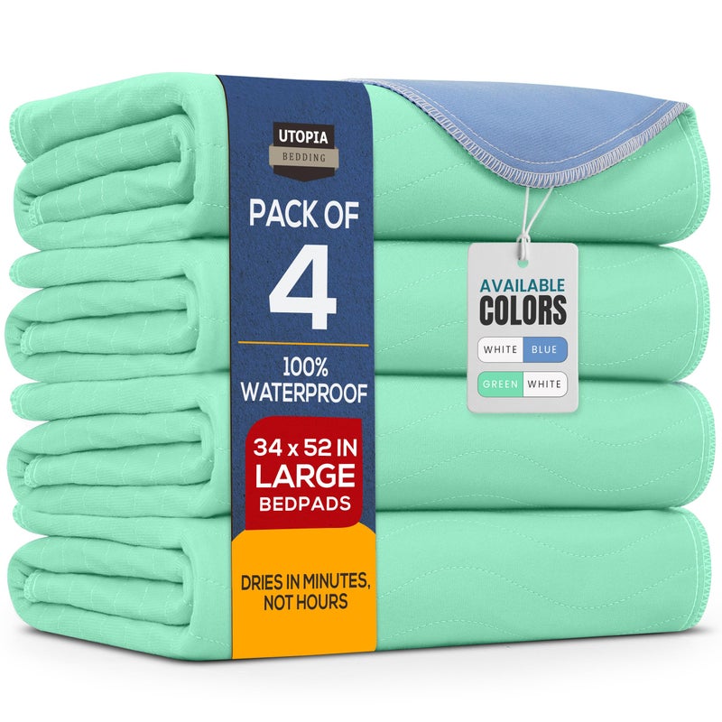 Utopia Bedding Washable Pee Pads for Dogs 34" x 52" (Pack of 4), Waterproof Incontinence Bed Pads for Adults, Elderly and Kids, Heavy Absorbency Pet Training Pads for Sofa and Couch (Green,Blue) - Image 1