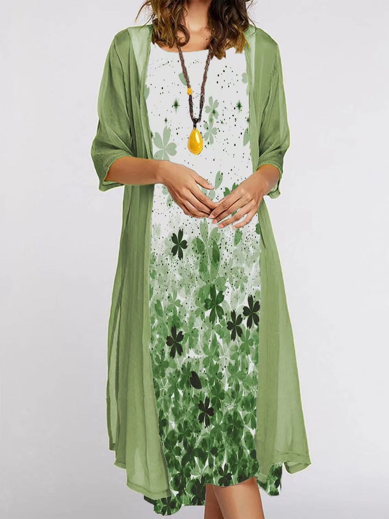 2022 European and American Amazon summer womens dress two-piece set popular flowers and plants printed round neck dress coat for women Green lucky grass