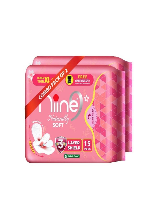 NIINE Naturally Soft Ultra Thin XL+ Sanitary Napkins for Heavy Flow (Pack of 2) 30 Pads with Free Biodegradable Disposal Bags - Image 1
