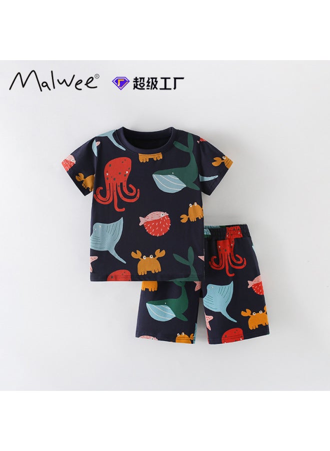 Boys Summer Suit European And American Children Round Neck Short Sleeve Elastic Waist Shorts