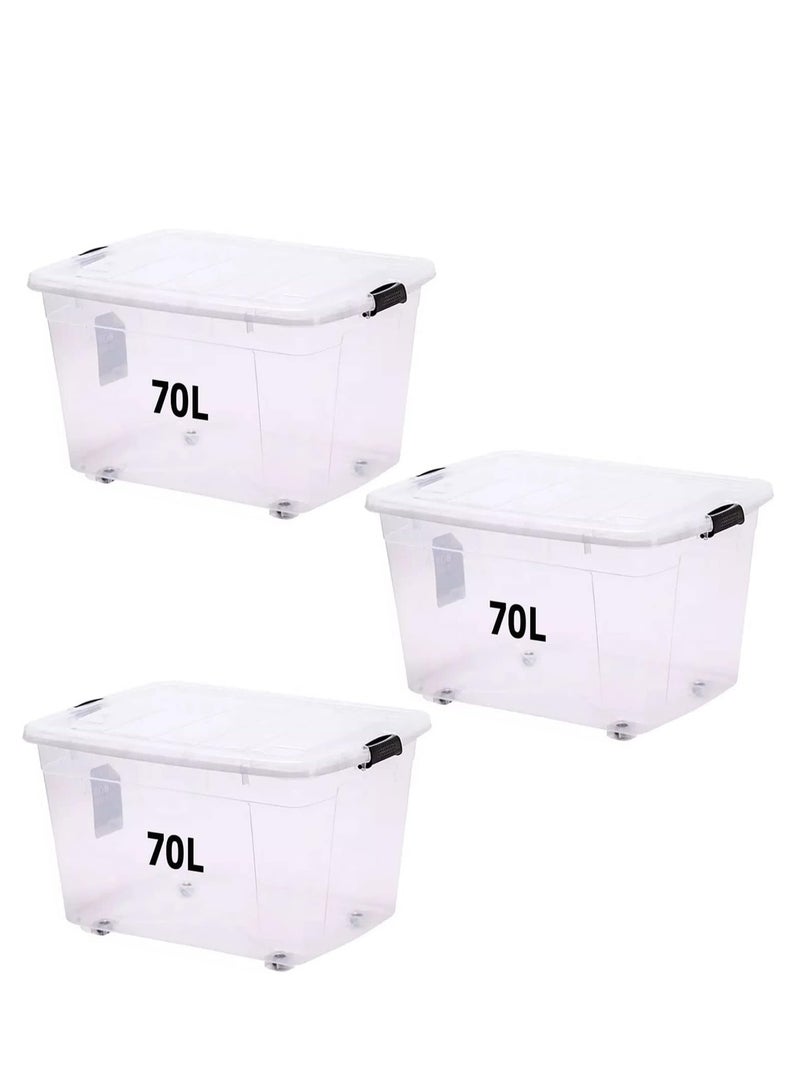 Premify Storage Box 70 L With Lockable Lid & Wheels | Clear Plastic Organizer |3pcs Transparent Boxes For Storing Clothes, Toys, Tools, Medicine, Office/Kitchen Supplies, Documents & Arts & Crafts - Image 1