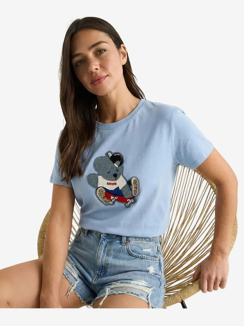 Bianco Lucci Baby Blue LUCCI Embroidered Crew Neck T-Shirt for Women | Best Price UAE