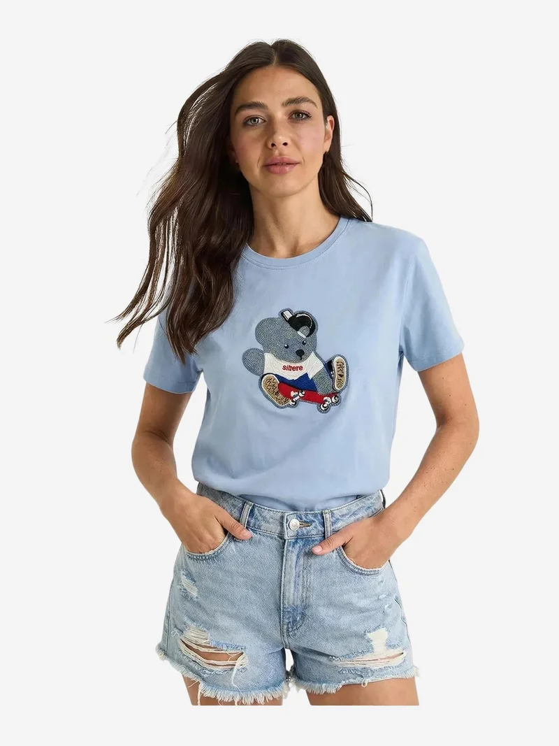 Bianco Lucci Baby Blue LUCCI Embroidered Crew Neck T-Shirt for Women | Best Price UAE
