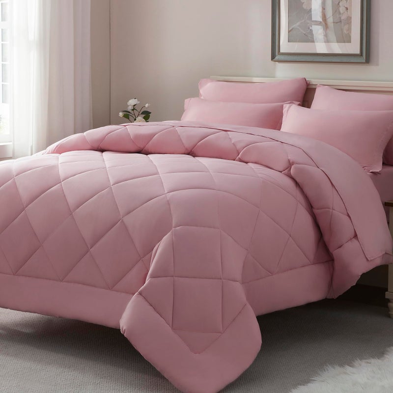 ELNIDO QUEENÂ® Queen Comforter Set - 7 Pieces Bed in a Bag Queen Size, Bed Set for All Seasons, Blush Pink Ultra Soft Bedding Sets with Comforter, Flat Sheet, Fitted Sheet, Pillowcases and Pillow Shams - Image 1