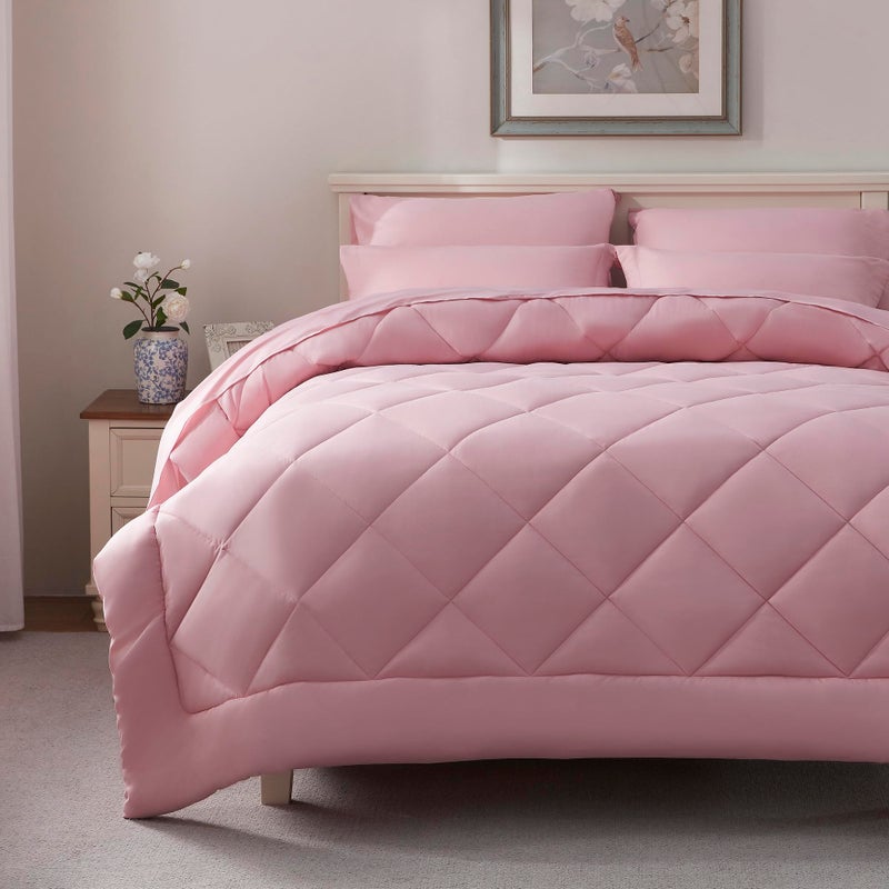 ELNIDO QUEENÂ® Queen Comforter Set - 7 Pieces Bed in a Bag Queen Size, Bed Set for All Seasons, Blush Pink Ultra Soft Bedding Sets with Comforter, Flat Sheet, Fitted Sheet, Pillowcases and Pillow Shams - Image 2