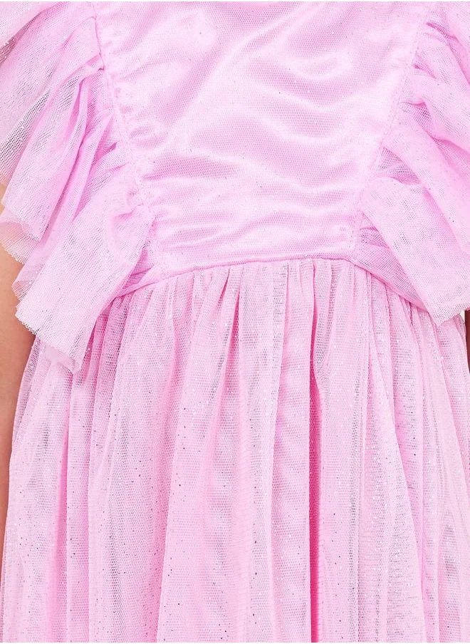 ستايلي Ruffle Sleeve Mesh Insert A-Line Dress